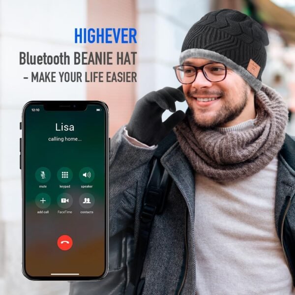HIGHEVER Bluetooth Beanie Hat Stocking Stuffers for Men Women V5.0 Wireless Musical Bluetooth Cap Beanie with Speaker for Outdoor Winter Sport Tech Birthday Mens Gifts for Him/Teens/Boys/Girls Black - Image 7