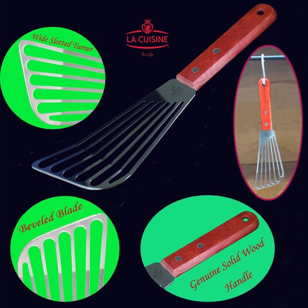 La Cuisine Fish Slotted Spatula Turner with Beveled Edged Stainless Steel, For Flipping Fish Egg Pancake Patties Fries. Blade 6.5", Size 11" - Image 3
