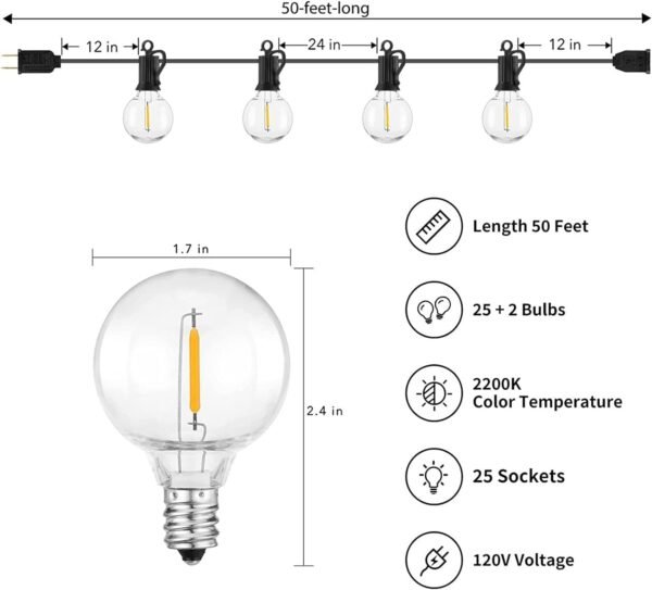 Brightown Outdoor String Lights - Connectable Dimmable LED Patio String Lights with G40 Globe Plastic Bulbs, All Weatherproof Hanging Lights for Outside Backyard Porch (50 ft - 25 LED Bulbs) - Image 7