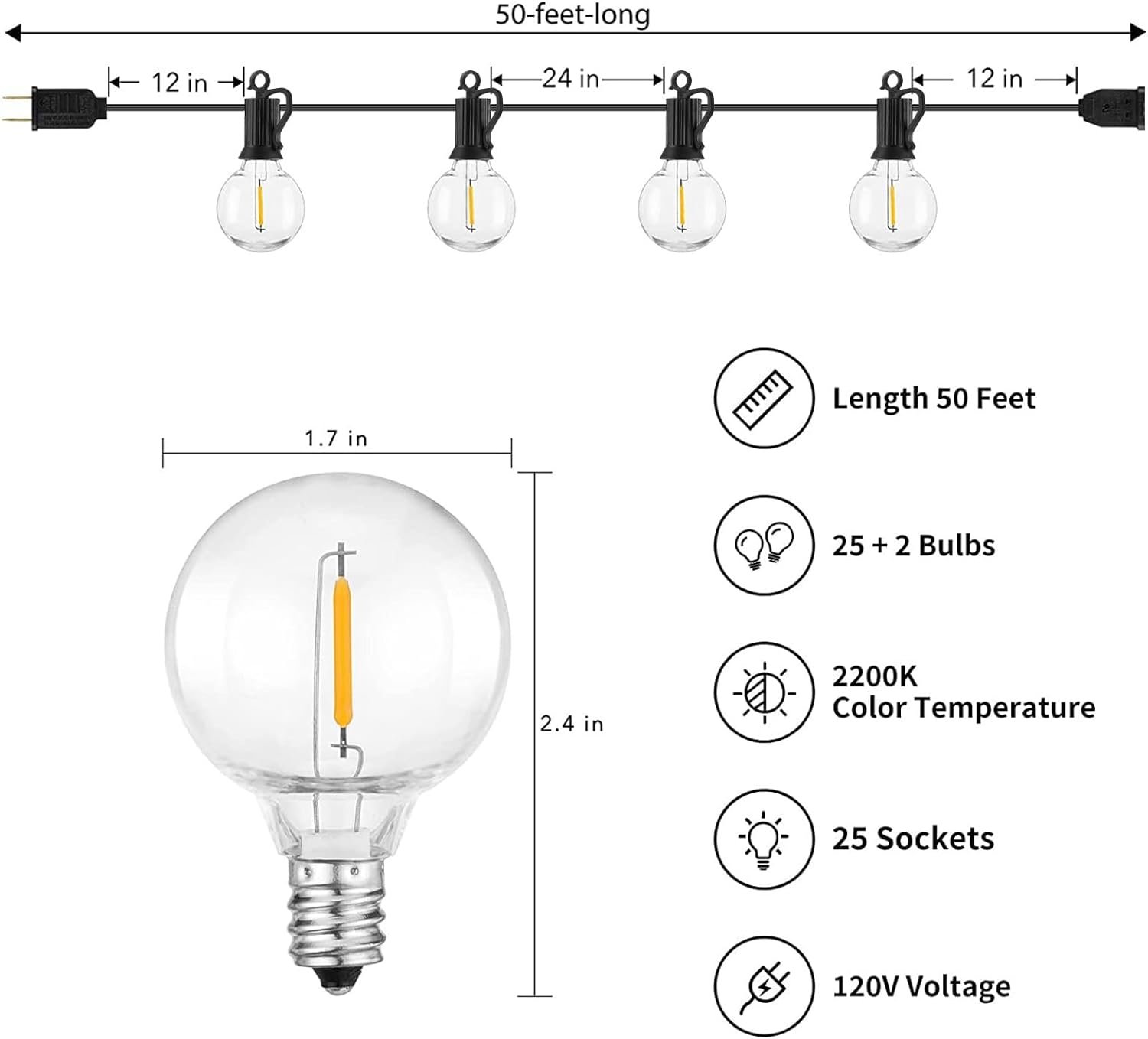 Brightown Outdoor String Lights - Connectable Dimmable LED Patio String Lights with G40 Globe Plastic Bulbs, All Weatherproof Hanging Lights for Outside Backyard Porch (50 ft - 25 LED Bulbs) - Image 7