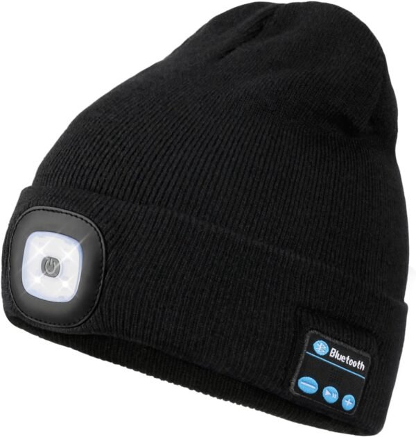 Wmcaps Bluetooth Beanie with a Light, Unisex USB Rechargeable 4 LED Fashlight Hat with Cordless Headphones, Unique Christmas Birthday Gifts for Men Him Husband Teen Black - Image 2