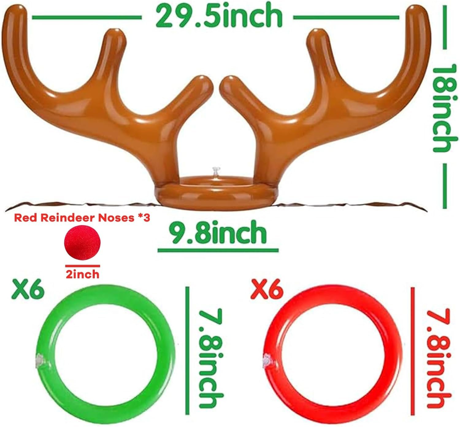18 Pieces Inflatable Reindeer Antler Ring Toss Game for Christmas Party Games for Kids Adults Holiday Xmas Games Toys for Family School Carnival Party Supplies (3 Antlers, 12 Rings,3 Red Reindeer Nose - Image 3