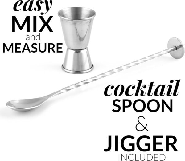 Zulay Kitchen Large 24 oz Stainless Steel Cocktail Shaker Set - Mixed Drink Shaker - Martini Shaker Set with Built in Strainer, Double Sided Jigger & Combo Muddler Mixing Spoon - Pro Margarita Shaker - Image 6