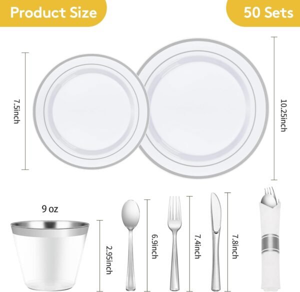 Goodluck 350 Piece Silver Plastic Dinnerware Set for 50 Guests, Fancy Disposable Plates for Party, Include: 50 Dinner Plates, 50 Dessert Plates, 50 Pre Rolled Napkins with Silver Silverware, 50 Cups - Image 5