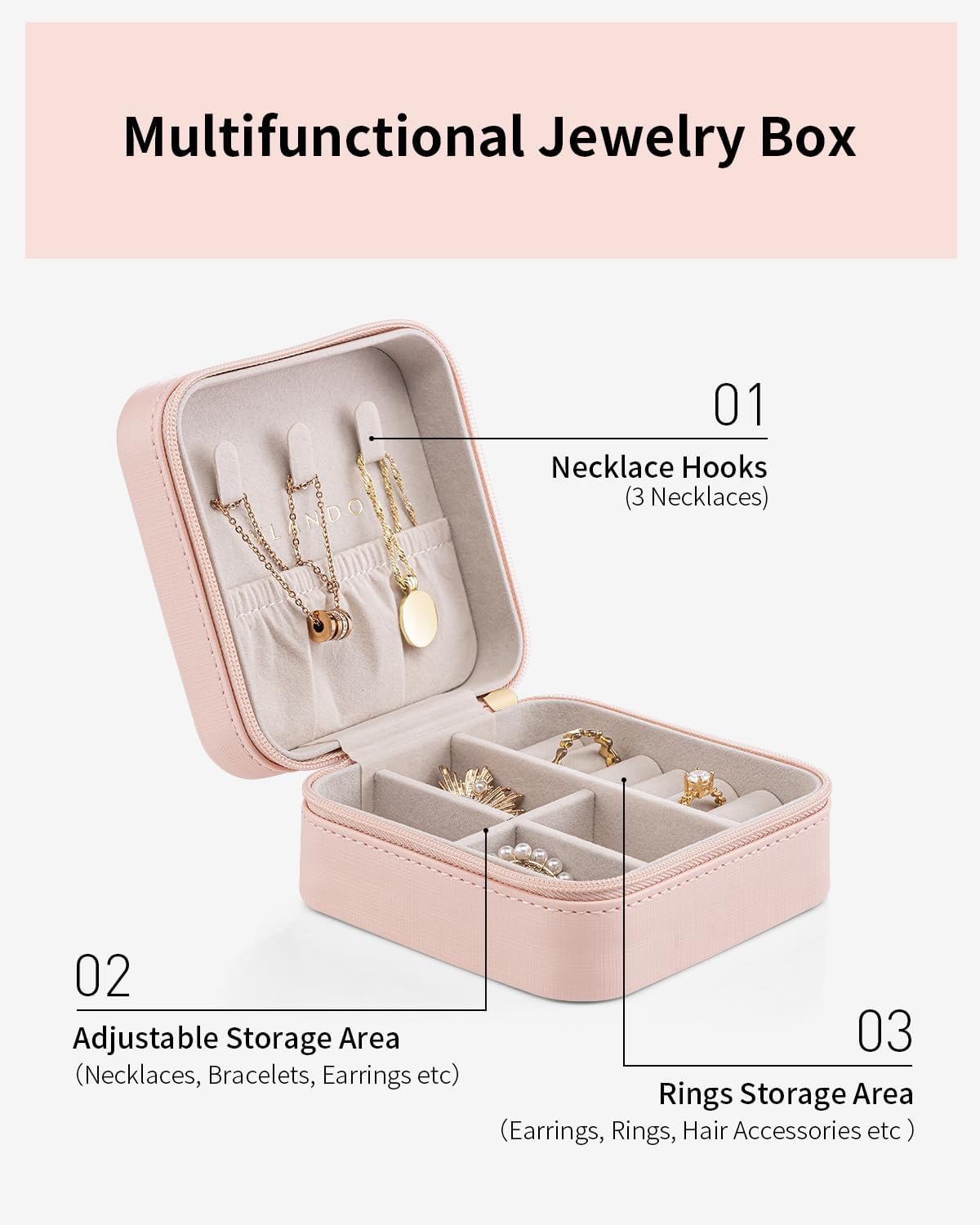 Vlando Travel Jewelry Box, Small Jewelry Travel Organizer Case Travel Essentials Christmas Gift for Women Girl - Pink - Image 4
