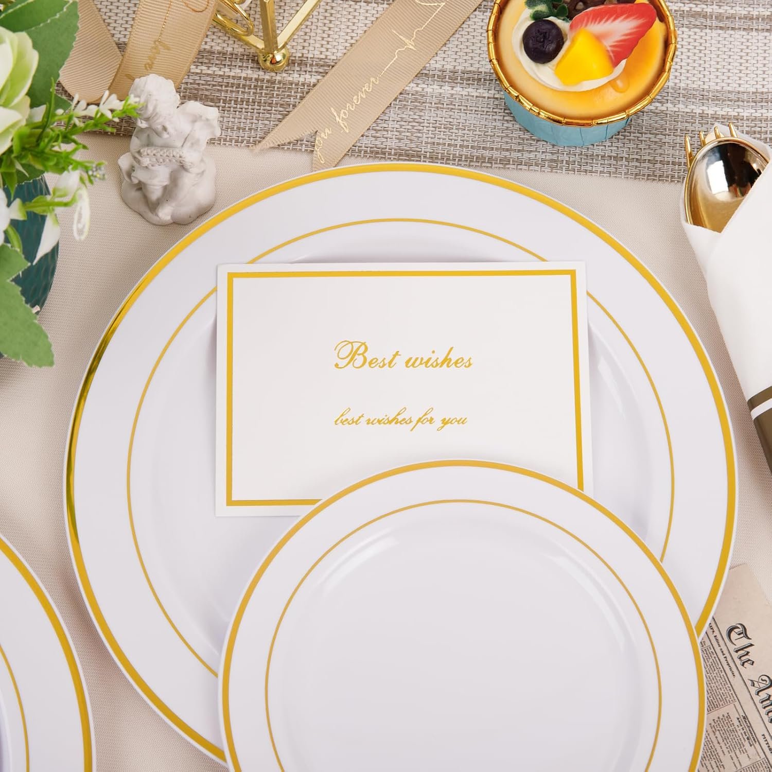 350Piece Thanksgiving Dinnerware Set for 50 Guests - Gold Plastic Plates with Disposable Cutlery Include:50Dinner Plates-50Dessert Plates-50Pre Rolled Napkins with Gold Silverware - Image 7