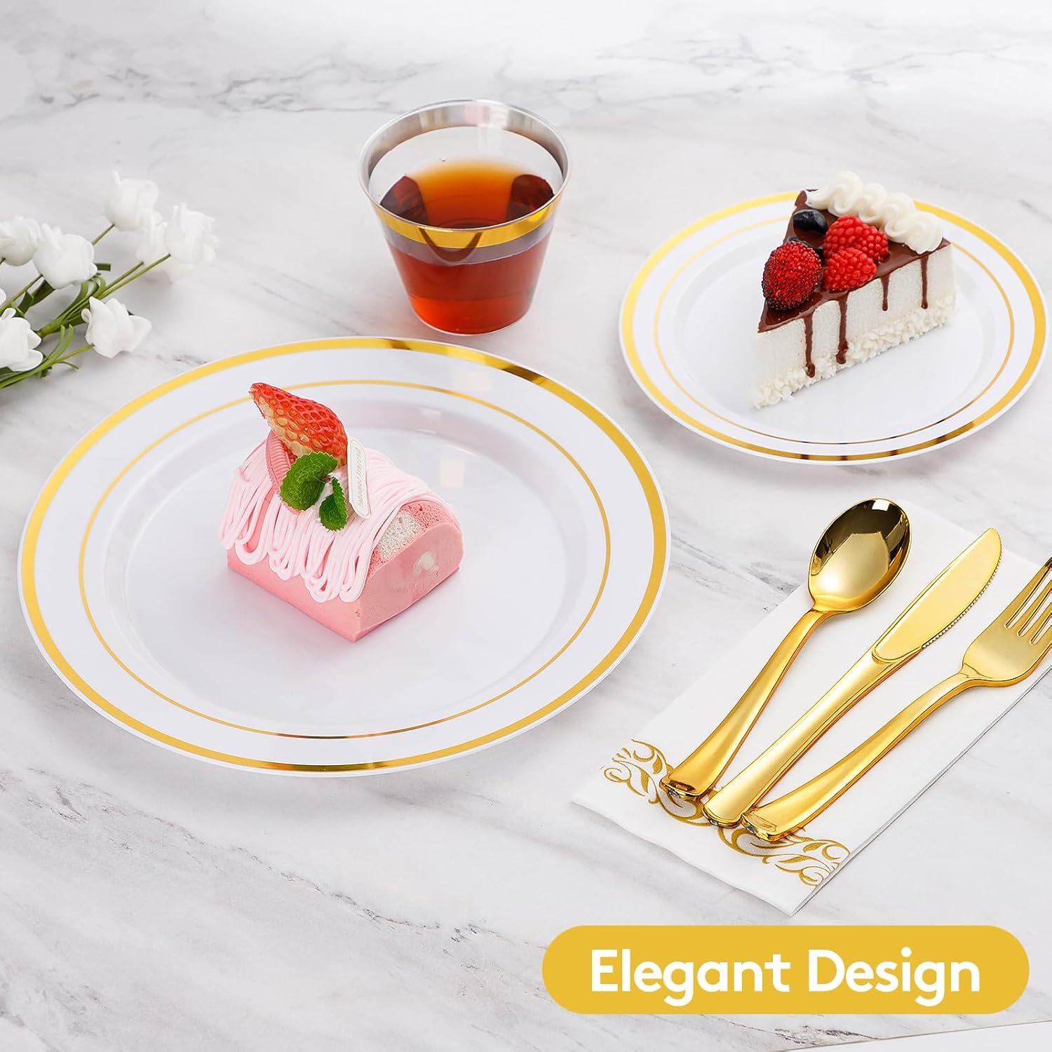 Goodluck 350 Piece Gold Dinnerware Set for 50 Guests, Plastic Plates Disposable for Party, Include: 50 Gold Rim Dinner Plates, 50 Dessert Plates, 50 Paper Napkins, 50 Cups, 50 Gold Silverware Set - Image 4