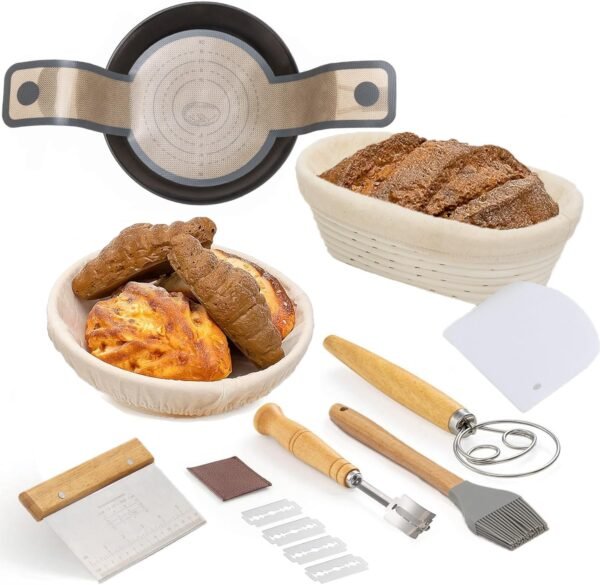 Banneton Bread Proofing Basket Set, 9 Inch Round &10 Inch Oval Sourdough Bread Baking Supplies with Linen Liner, Bread Lame, Silicone Bread Sling,Bowl Scraper,Bread Making Tools,Dough Scraper Kit - Image 2