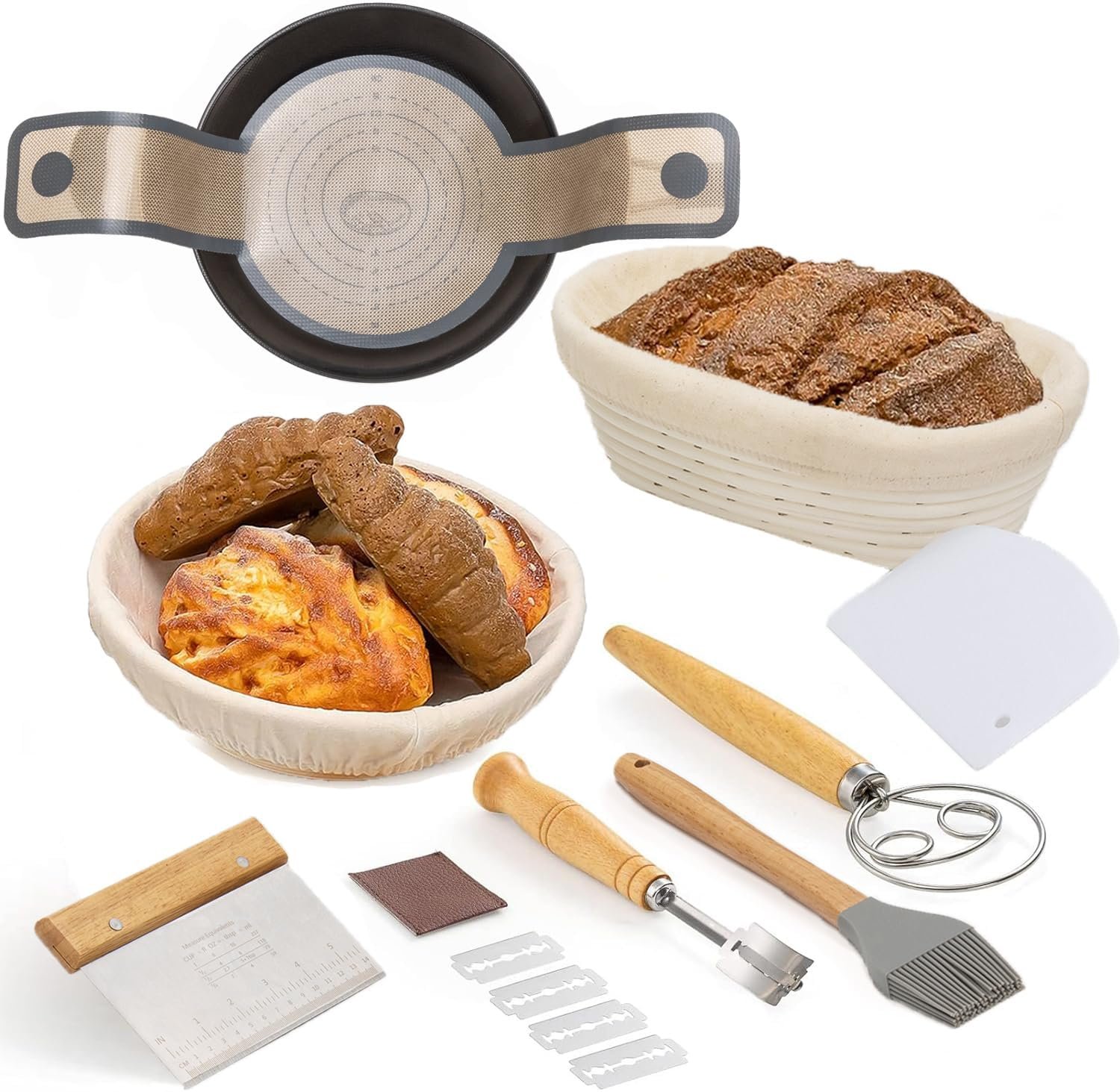 Banneton Bread Proofing Basket Set, 9 Inch Round &10 Inch Oval Sourdough Bread Baking Supplies with Linen Liner, Bread Lame, Silicone Bread Sling,Bowl Scraper,Bread Making Tools,Dough Scraper Kit - Image 2