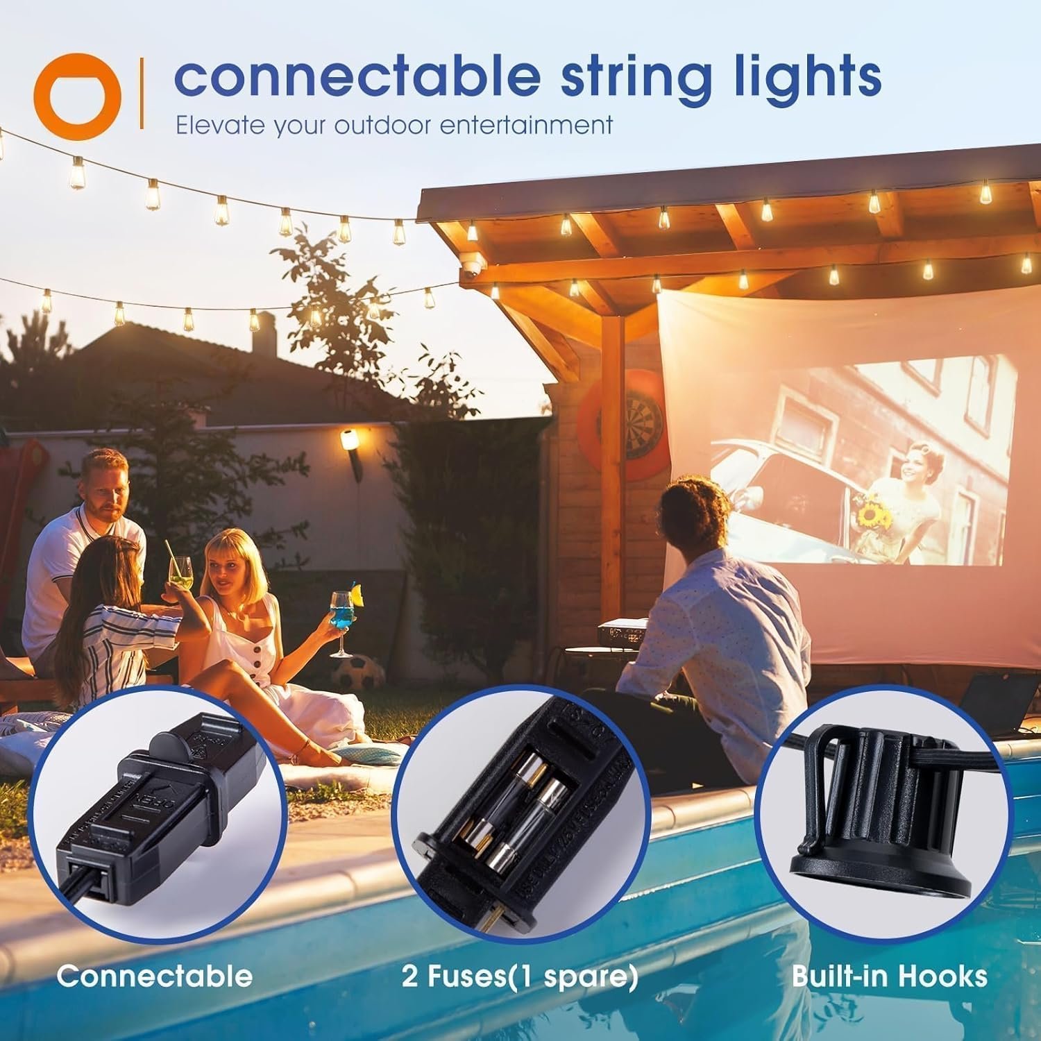 addlon 100FT(50FT*2) LED Outdoor String Lights Waterproof Patio Lights with 32 Shatterproof ST38 Replaceable Bulbs(2 Spare), Dimmable Outside Hanging Lights Connectable for Porch, Backyard, 2200K - Image 9
