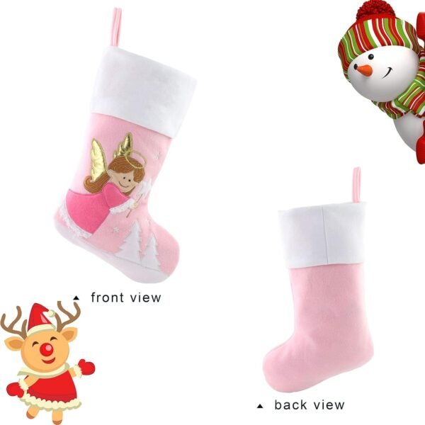 WEWILL 18'' Personalized Christmas Stockings Pink Angel with Embroidery Technology Xmas Holiday Gifts for Family Kids - Image 3