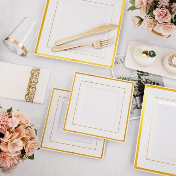 I00000 150PCS Gold plastic dinnerware set,White Gold Square Plates, Disposable Square Gold Plates Includes 25 Dinner Plates 25Dessert Plates 25Cups 25Plastic Cutlery for Christmas Party - Image 4