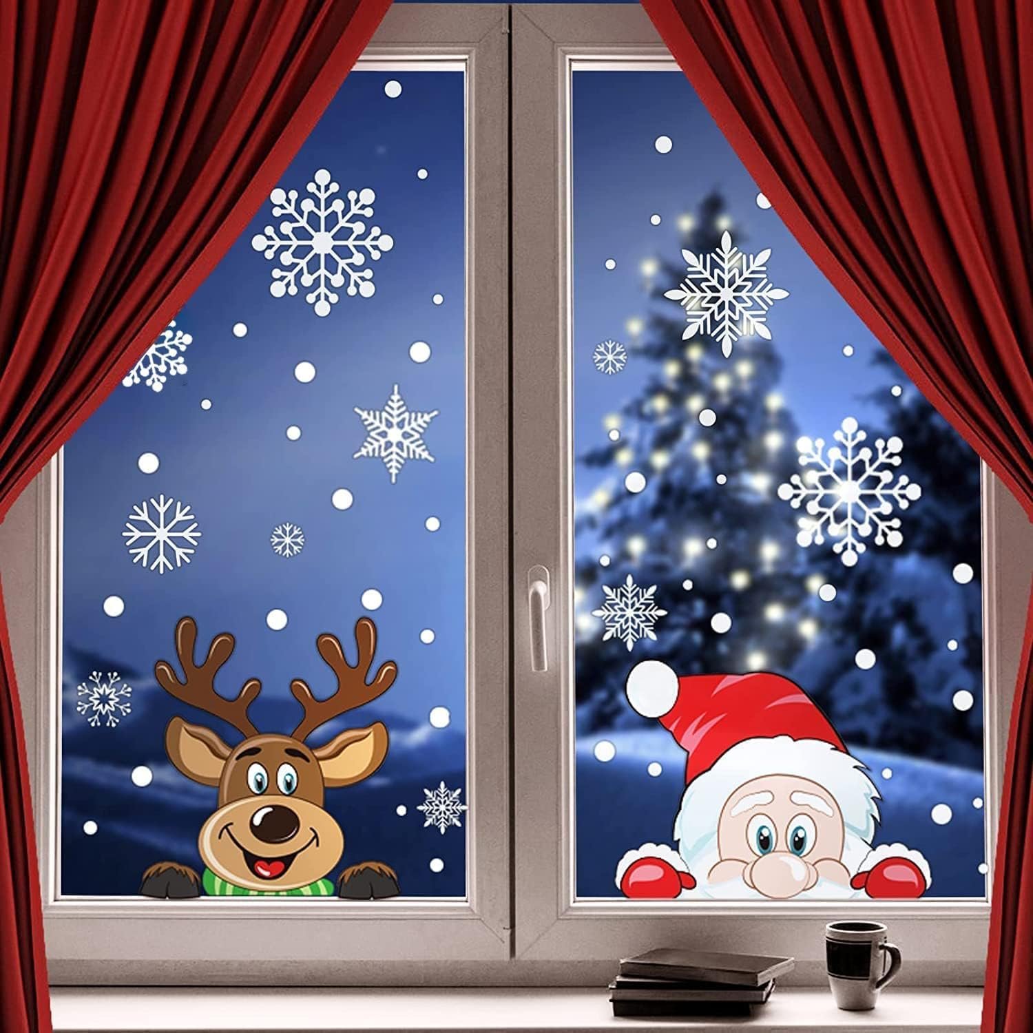 300 PCS 8 Sheet Christmas Snowflake Window Cling Stickers for Glass, Xmas Decals Decorations Holiday Snowflake Santa Claus Reindeer Decals for Party - Image 2