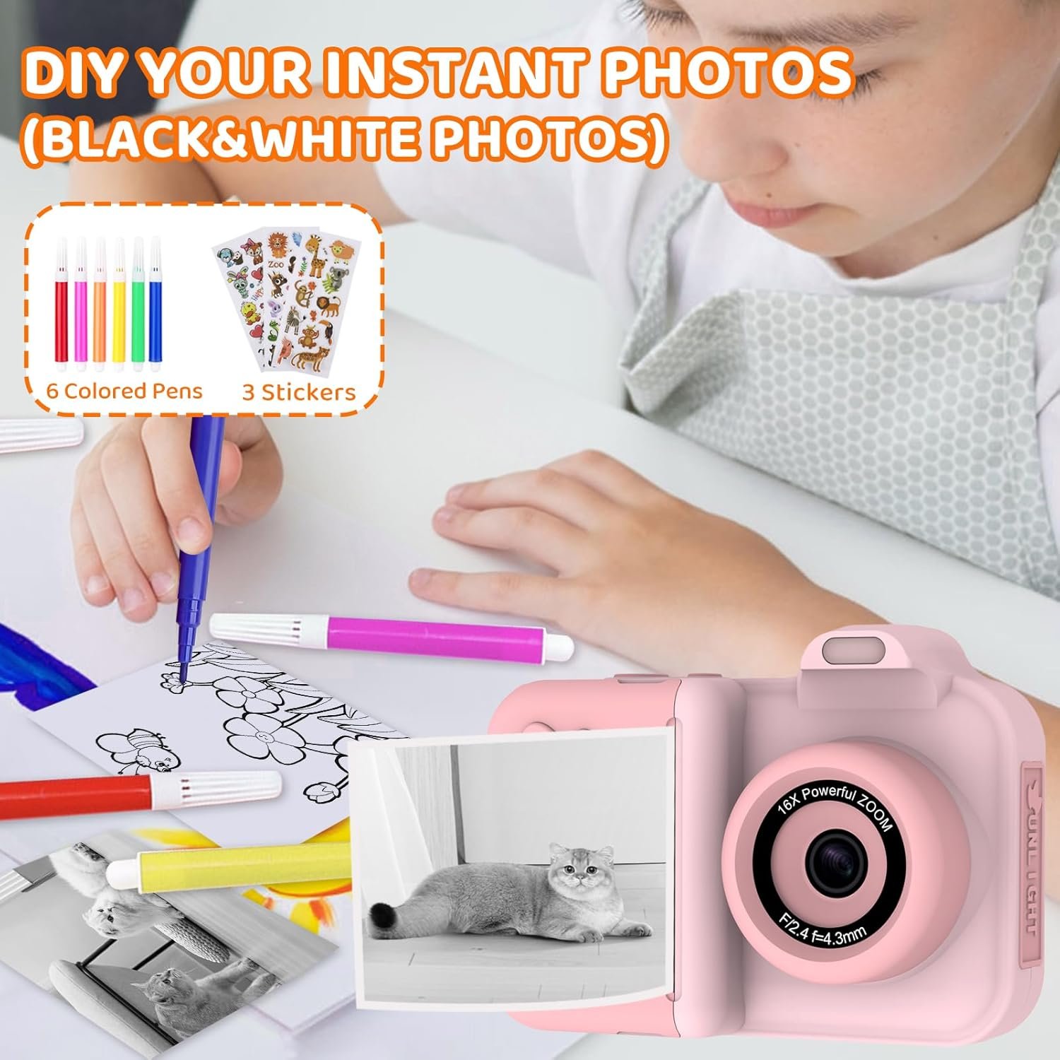 Kids Camera Instant Print,Kids Digital Camera 1080P HD Dual-Lens Selfie,Instant Print Camera with 5 Rolls Paper & 32GB Card,Toddler Camera Christmas Birthday Gifts for Girls Age 3-12(Pink) - Image 7