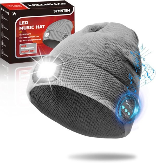Rechargeable Bluetooth Music Unisex Beanie Hat with Light, Christmas Day Gifts for Men, Stocking Stuffers for Men, Adults, Teens, Dad, Father, Husband, Cool Gadget Gifts for Women, Winter, Gray - Image 2
