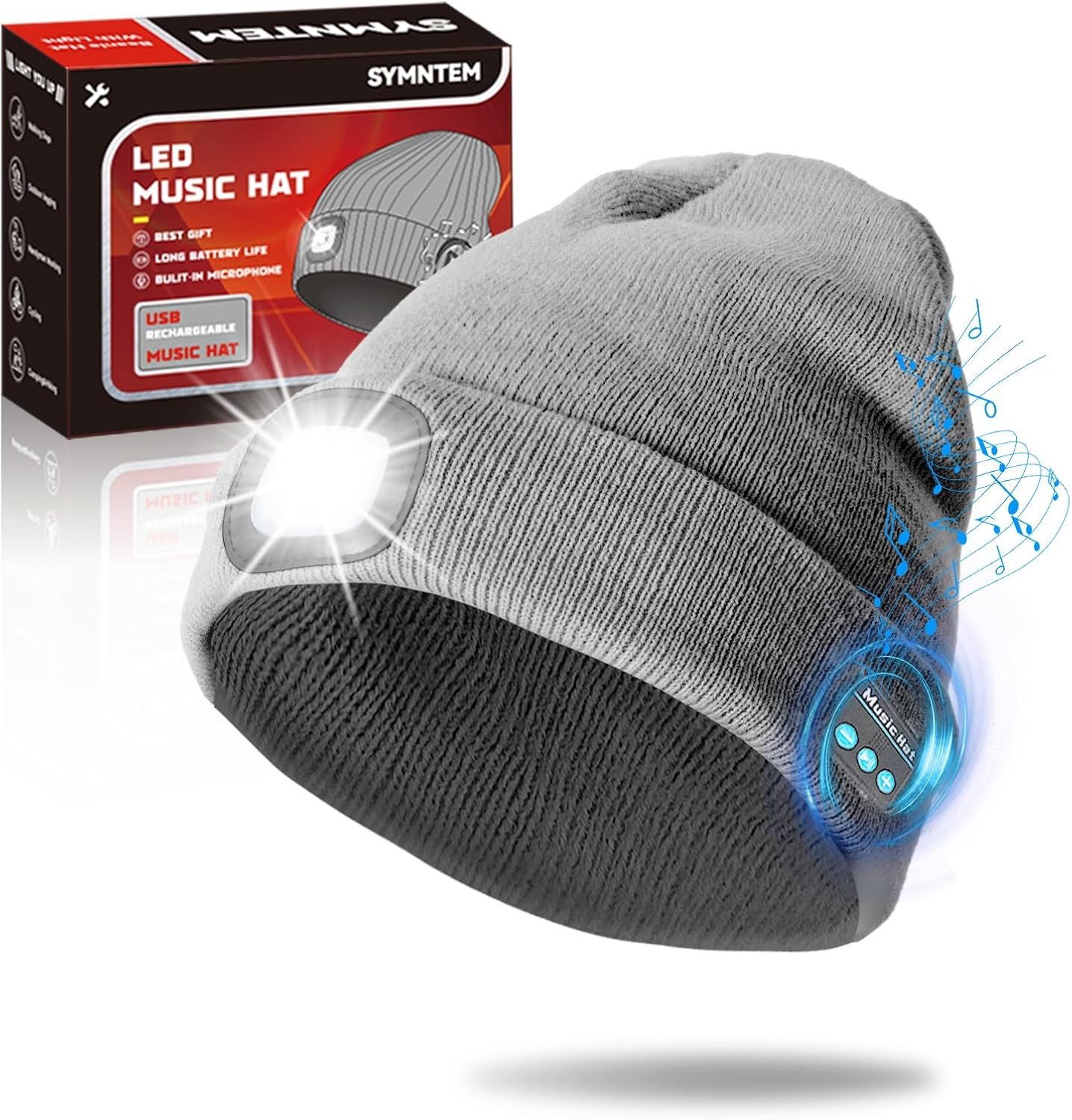 Rechargeable Bluetooth Music Unisex Beanie Hat with Light, Christmas Day Gifts for Men, Stocking Stuffers for Men, Adults, Teens, Dad, Father, Husband, Cool Gadget Gifts for Women, Winter, Gray - Image 2