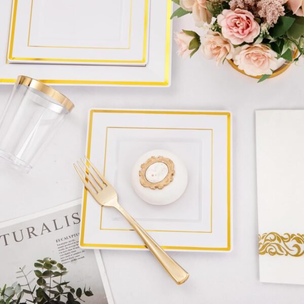 I00000 150PCS Gold plastic dinnerware set,White Gold Square Plates, Disposable Square Gold Plates Includes 25 Dinner Plates 25Dessert Plates 25Cups 25Plastic Cutlery for Christmas Party - Image 8