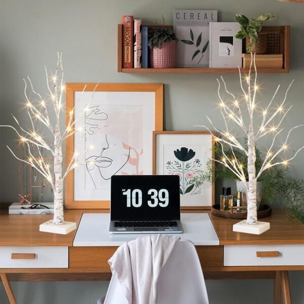 Vanthylit White Birch Tree with LED Lights - Set of 2, LED Tabletop Tree with Timer, Christmas Decorations Lighted Tree for Indoor Mantel Home Decor (2 FT, 24 LED) - Image 9