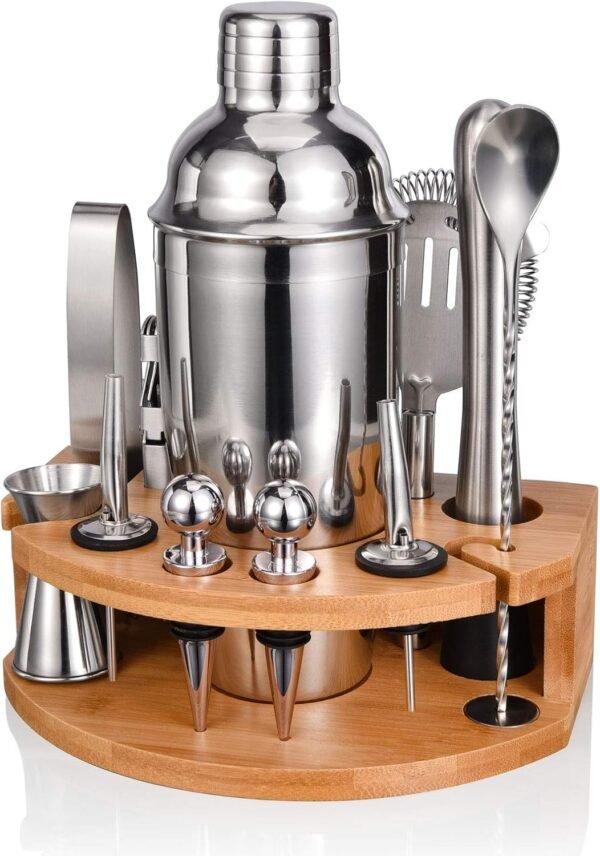 Bartender Kit with Stylish Bamboo Stand, 12 Piece 25oz Cocktail Shaker Set for Mixed Drink, Professional Stainless Steel Bar Tool Set, Gift for Man Dad- Cocktail Recipes Booklet (Silver) - Image 2