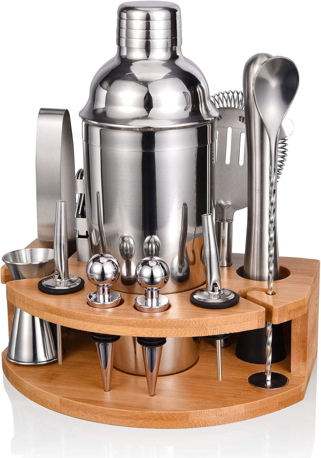 Bartender Kit with Stylish Bamboo Stand, 12 Piece 25oz Cocktail Shaker Set for Mixed Drink, Professional Stainless Steel Bar Tool Set, Gift for Man Dad- Cocktail Recipes Booklet (Silver) - Image 2