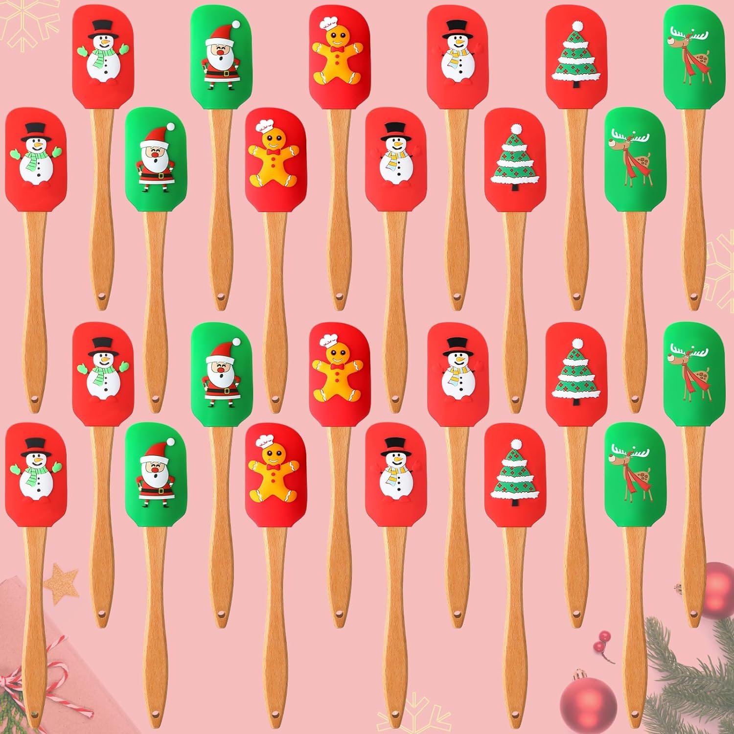 Lasnten 24 Pcs Christmas Silicone Spatula 11.02 Inch Christmas Spatula Set Christmas Kitchen Utensils with Wooden Handle Christmas Cake Decorating Spatula for Cooking Baking Stir Butter Cream - Image 2