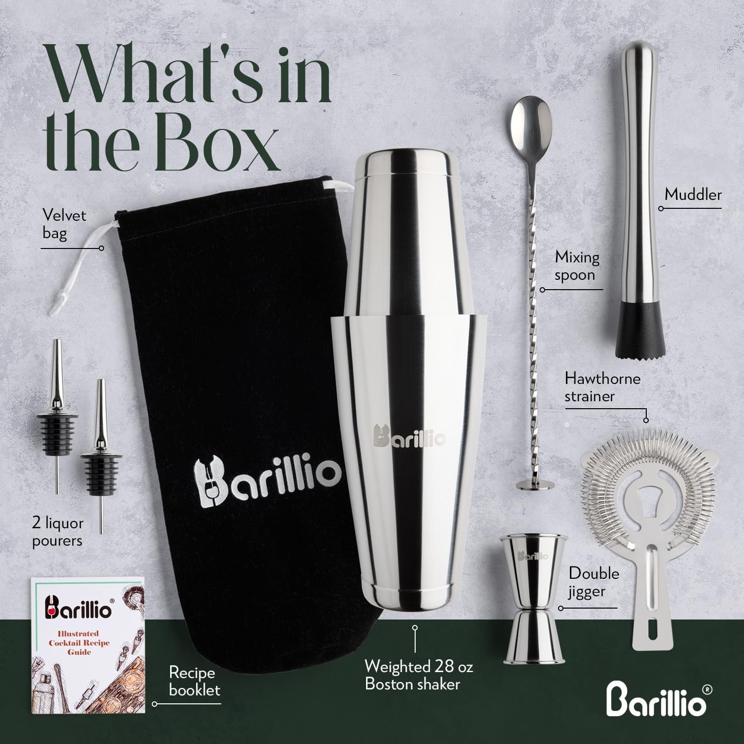 Barillio Boston Shaker Set - Stainless-Steel, Weighted, Martini Cocktail Shaker Set w/Strainer & Mixer - Mixology Bartender Kit - Bar Set for The Home - 9-pc Drink Shaker Set - Bar Tools - Silver - Image 3