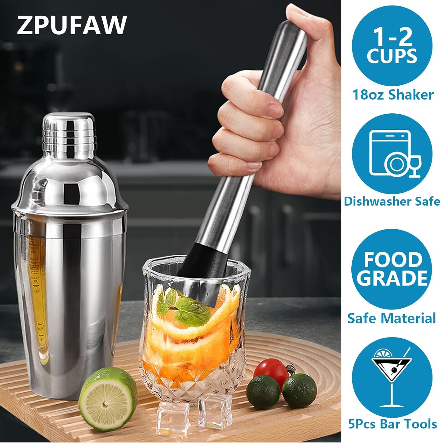 5-Piece Cocktail Shaker Set Shaker Strainer Jigger T-Mixing Spoon Muddler Bartender Kit Stainless Steel Bar Set Housewarming Gift - Image 3