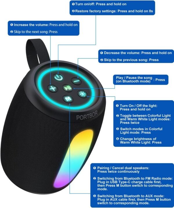 Bluetooth Speaker Portable Wireless,Powerful Sound with Lights/FM Radio, IPX5 Waterproof,TWS Pairing,for Outdoor Camping Beach Home,Him Her Ideal Gift - Image 10