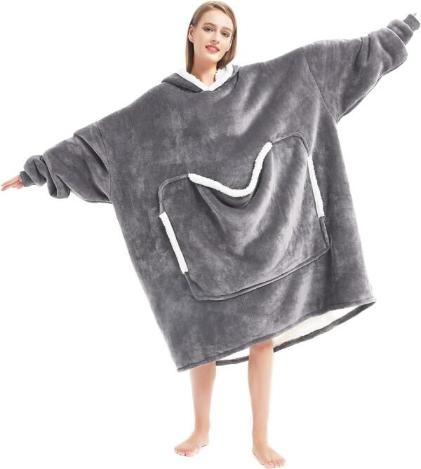 Wearable Blanket Hoodie with Giant Pocket （Pet Won't Leave） Extra Soft Sherpa Fleece Thick Warm ＆ Cozy Oversized Sweatshirt Blanket Jacket with Sleeves Gifts for Adult Men Women - Grey - Image 4