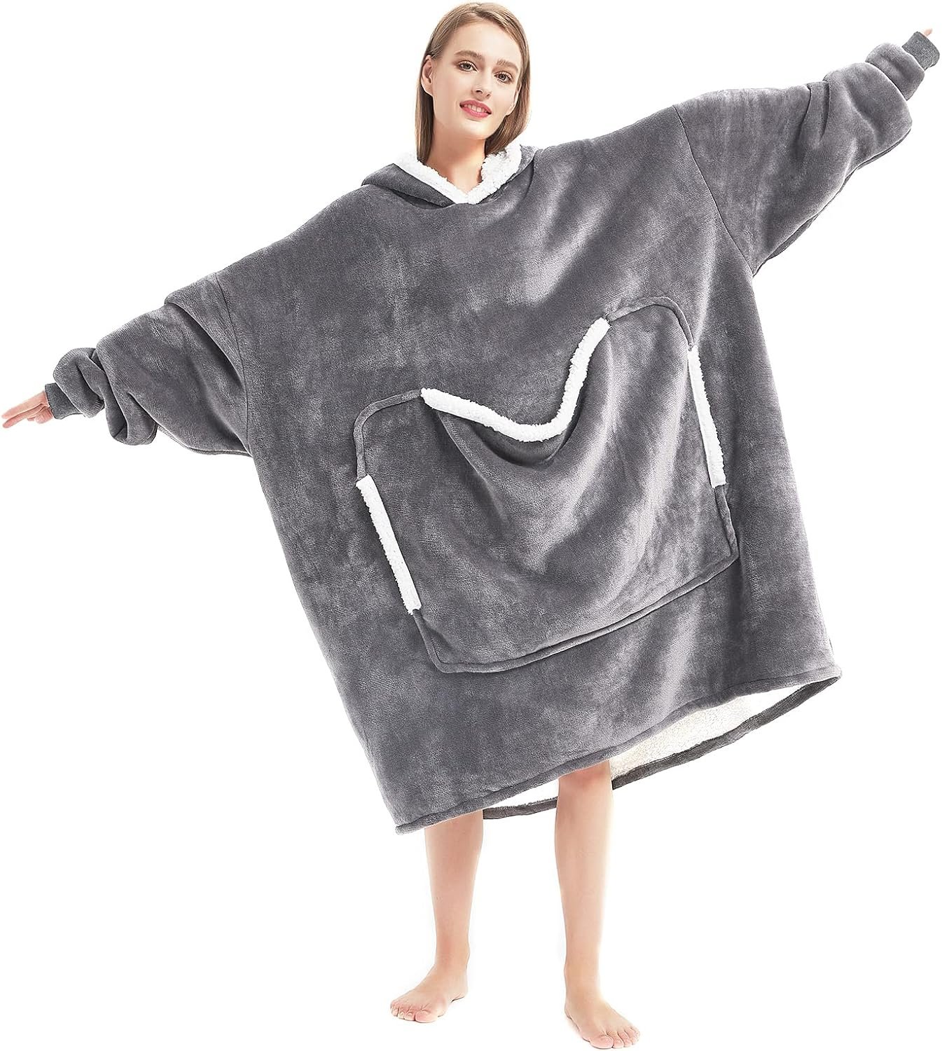 Wearable Blanket Hoodie with Giant Pocket (Pet Won't Leave) Extra Soft Sherpa Fleece Thick Warm & Cozy Oversized Sweatshirt Blanket Jacket with Sleeves Gifts for Adult Men Women - Grey - Image 4