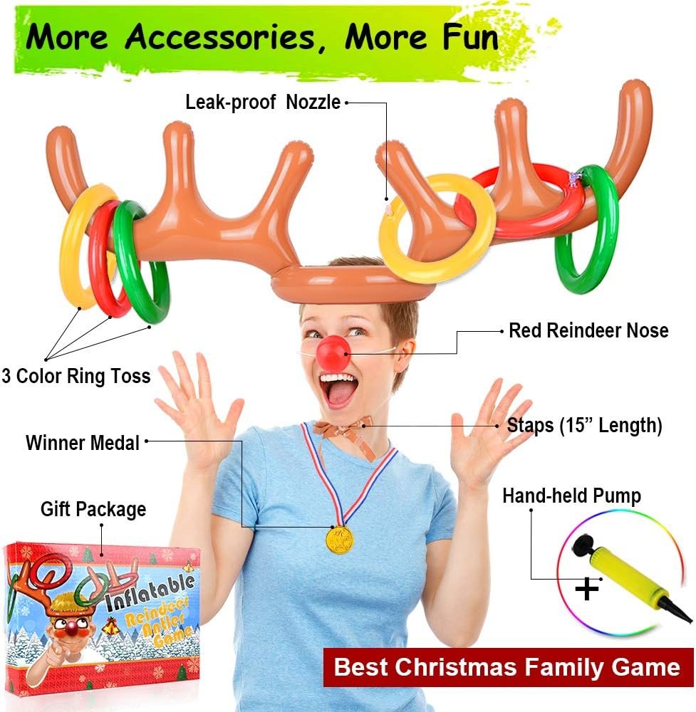 2 Set Inflatable Reindeer Antler Game (2 Reindeer Antler Hat with 12 Ring Toss, 2 Red Reindeer Nose, 1 Medal and 1 Hand-held Pump) Great Family Christmas Party Games - Image 3