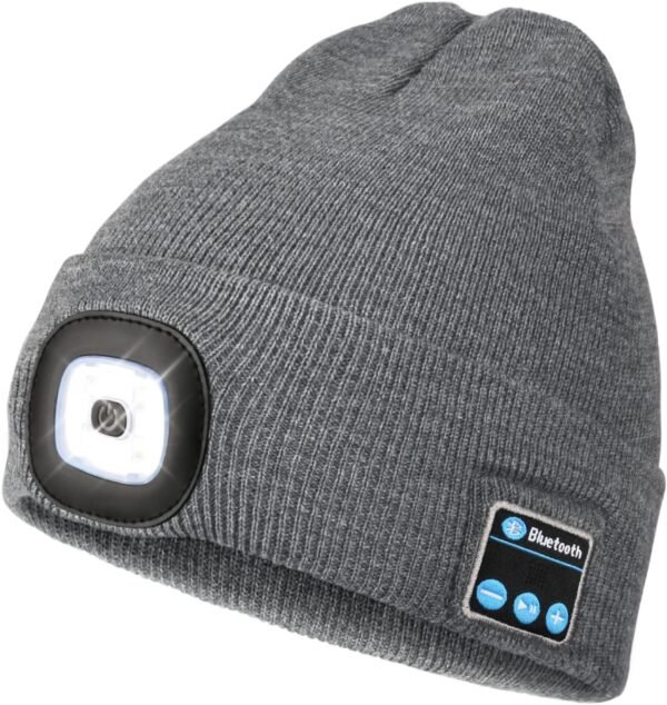 Wmcaps Bluetooth Beanie with a Light, Unisex USB Rechargeable 4 LED Fashlight Hat with Cordless Headphones, Unique Christmas Birthday Gifts for Men Him Husband Teen Grey - Image 2