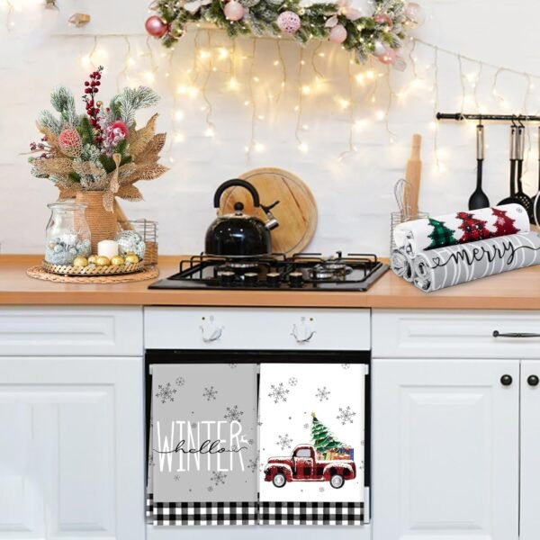 4 Pack Christmas Kitchen Towels, Black White Buffalo Plaid Christmas Dish Towels 18 x 26 Inch, Xmas Trees Truck Farmhouse Christmas Hand Towels for Kitchen Home Winter Holiday Decorations - Image 6