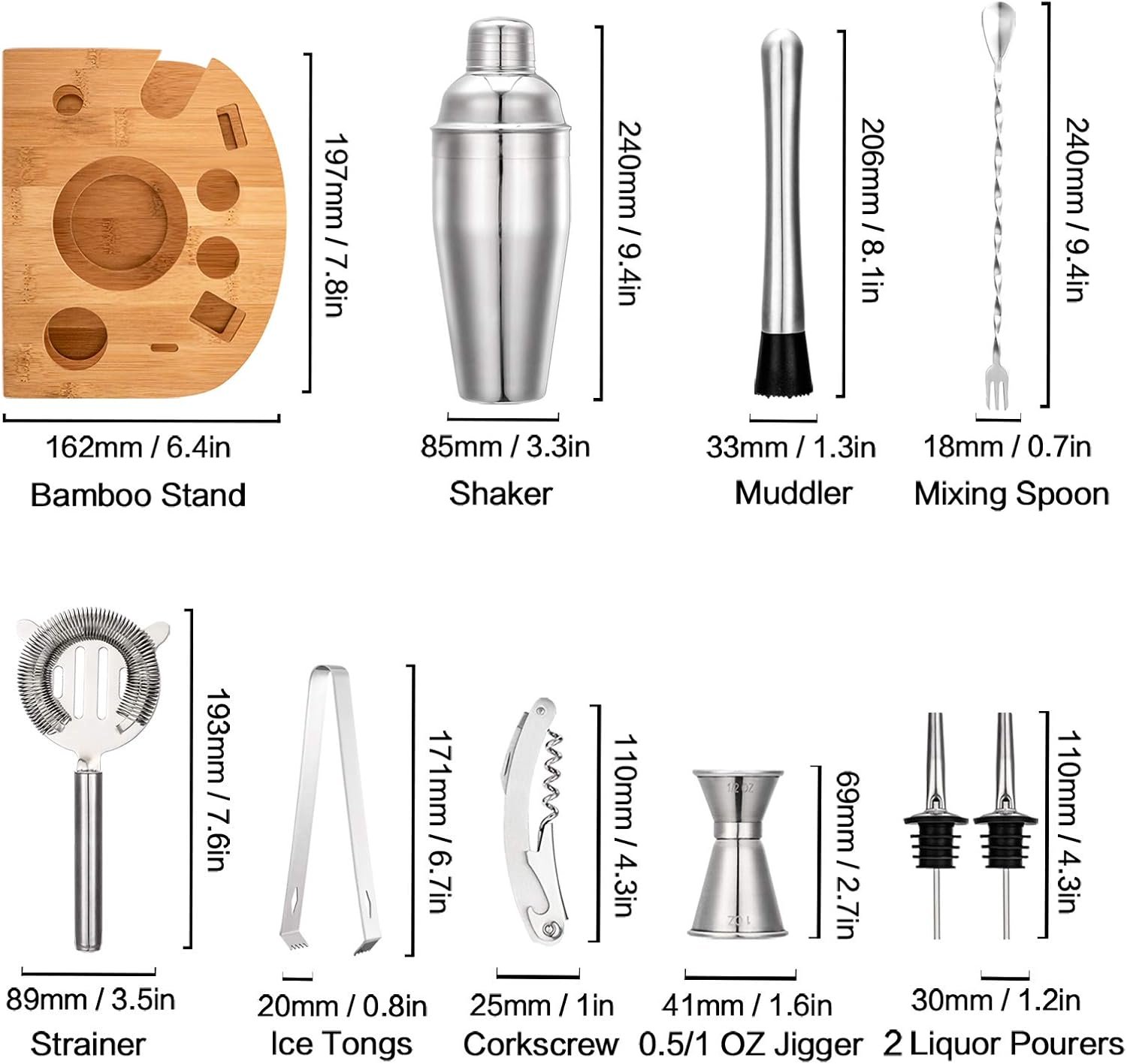 Cocktail Shaker Set with Stand | Perfect Bartender Kit for Home and Bar-Bar Tools Set: 24oz Martini Shaker, Muddler, Jigger, Strainer, Mixer Spoon, Tongs, Corkscrew, 2 Liquor Pourers, Recipes Cards - Image 4