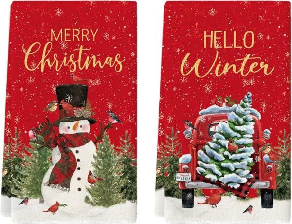 Artoid Mode Xmas Tree Truck Snowman Christmas Kitchen Towels Dish Towels, 18x26 Inch Holiday Bird Hello Winter Decoration Hand Towels Set of 2 - Image 2