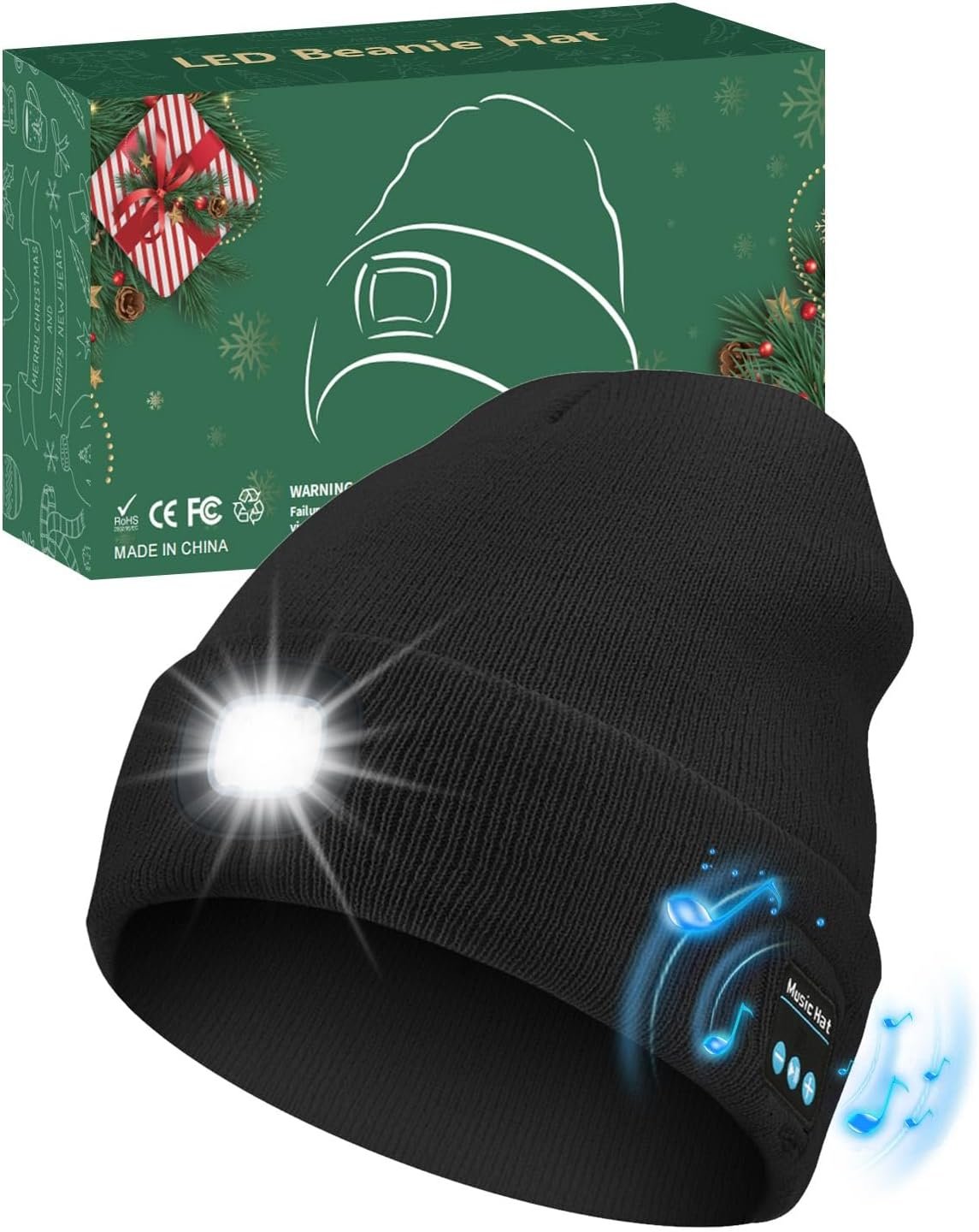 Unisex Bluetooth Beanie with Light, USB Rechargeable LED Headlamp Winter Hat, Christmas Stocking Stuffers Gifts Warm Knitted Cap for Men Women Dad Mom Black - Image 2