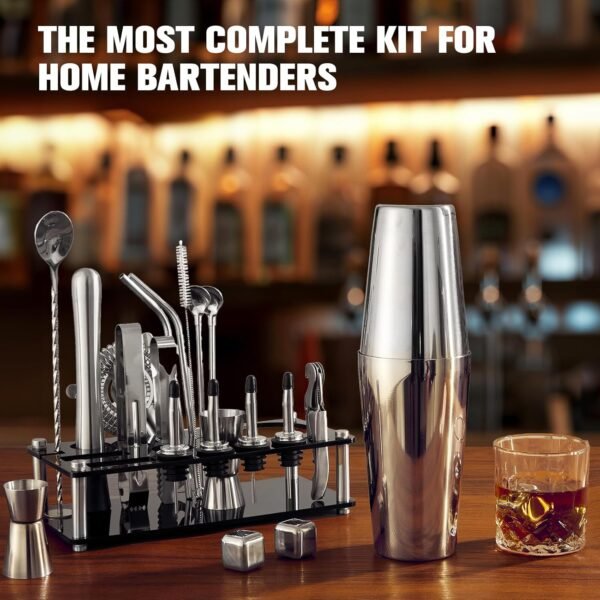 Cocktail Shaker Set, 23-Piece Boston Stainless Steel Bartender Kit with Acrylic Stand & Cocktail Recipes Booklet, Professional Bar Tools for Drink Mixing, Home, Bar, Party (Include 4 Whiskey Stones) - Image 3