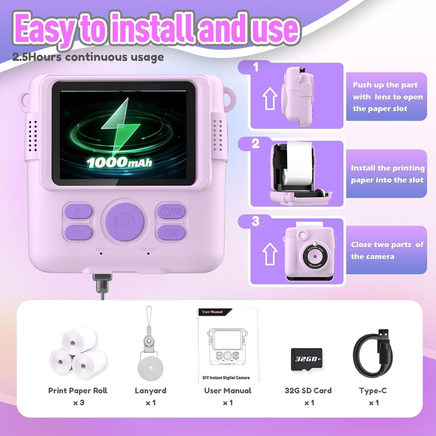 Instant Print Camera for Kids, Christmas Birthday Gifts for Girls Boys, HD Digital Video Cameras for Toddler, Portable Toy for 4 5 6 7 8 9 10 Year Old Girl with 32GB SD Card-Purple - Image 7