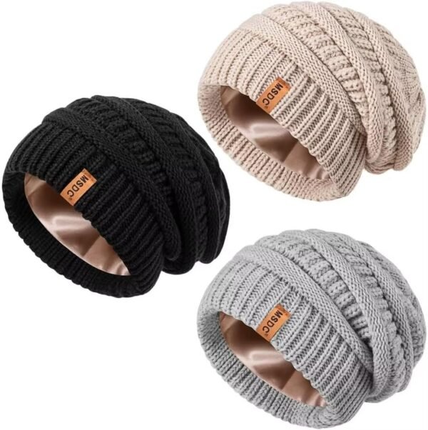3 Pack Satin Lined Beanie for Women, Warm Slouchy Winter Hats with Silk Lined, Fashionable Oversized Cable Knit Hat Skull Cap - Image 2