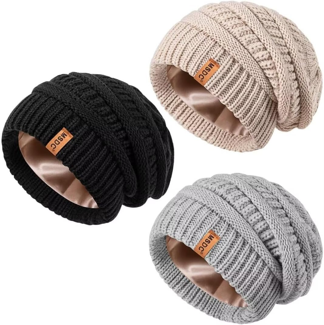 3 Pack Satin Lined Beanie for Women, Warm Slouchy Winter Hats with Silk Lined, Fashionable Oversized Cable Knit Hat Skull Cap - Image 2