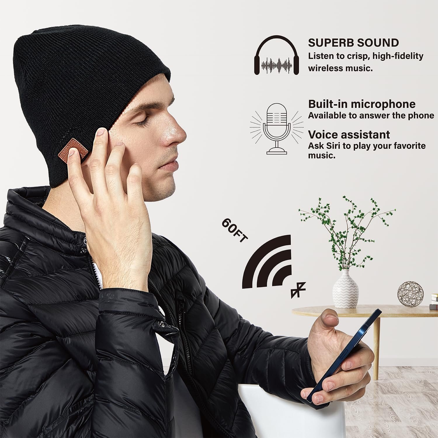 Bluetooth Beanie, Bluetooth 5.2 Wool Hat HD Stereo,24 Hours Play Time,Built-in Microphone, Men's/Women's Christmas Electronic Gift (Black) - Image 5