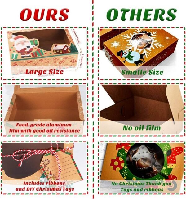 OurWarm 12 Pack Christmas Cookie Boxes with Window, Large Holiday Food Bakery Treat Boxes for Gift Giving, Pastry, Candy, Party Favors, Christmas Kraft Gift Boxes with Ribbons and DIY Gift Tags - Image 7
