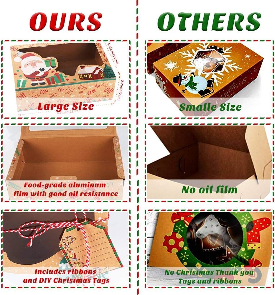 OurWarm 12 Pack Christmas Cookie Boxes with Window, Large Holiday Food Bakery Treat Boxes for Gift Giving, Pastry, Candy, Party Favors, Christmas Kraft Gift Boxes with Ribbons and DIY Gift Tags - Image 7