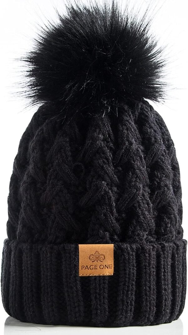 PAGE ONE Womens Winter Ribbed Beanie Crossed Cap Chunky Cable Knit Pompom Soft Warm Hat - Image 2