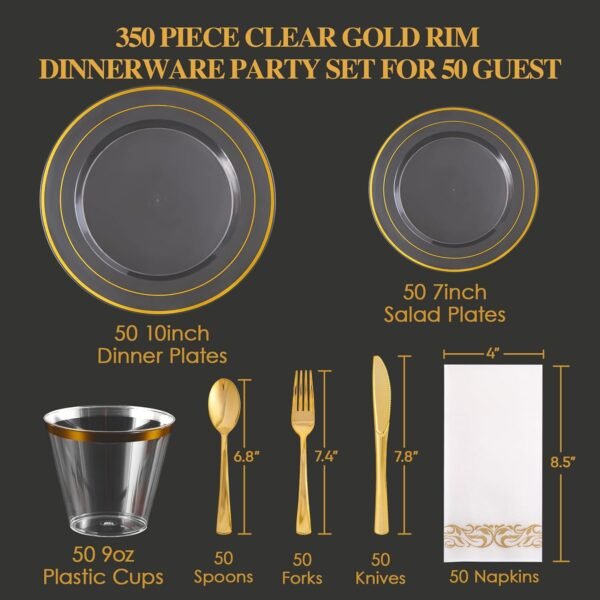 FOCUSLINE 350 Clear Gold Dinnerware Set for 50 Guests, Clear Plastic Plates with Gold Rim Disposable Heavy Duty, Including 50 Dinner Plates, 50 Dessert Plates, 50 Napkins, 50 Cups, 50 Silverware Set - Image 6