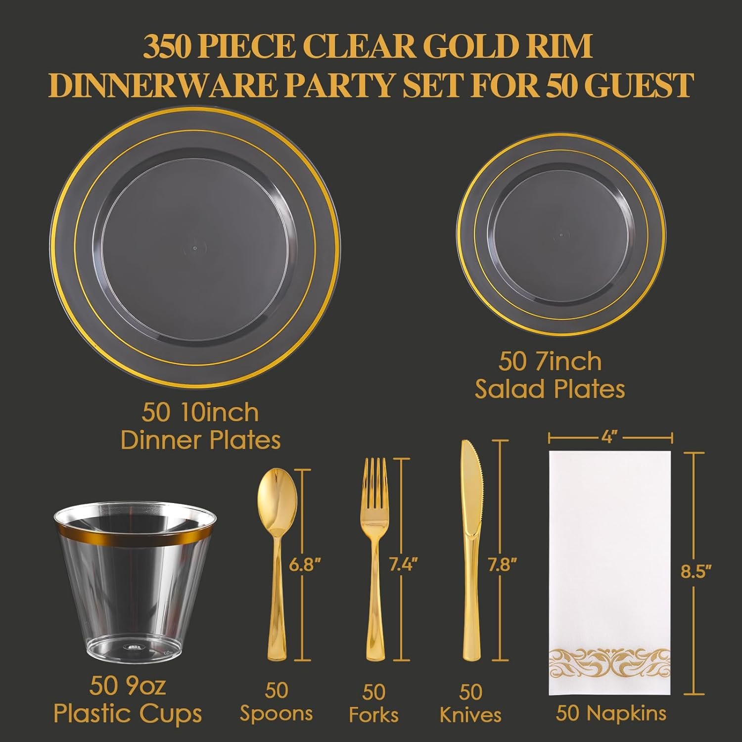 FOCUSLINE 350 Clear Gold Dinnerware Set for 50 Guests, Clear Plastic Plates with Gold Rim Disposable Heavy Duty, Including 50 Dinner Plates, 50 Dessert Plates, 50 Napkins, 50 Cups, 50 Silverware Set - Image 6