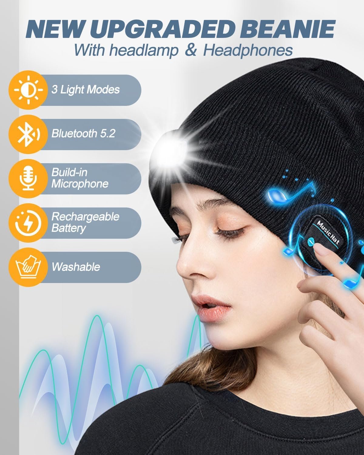 Unisex Bluetooth Beanie with Light, USB Rechargeable LED Headlamp Winter Hat, Christmas Stocking Stuffers Gifts Warm Knitted Cap for Men Women Dad Mom Black - Image 3