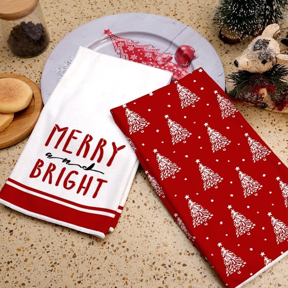 ARKENY Christmas Kitchen Towels Set of 2,Red Xmas Tree Dish Towels 18x26 Inch,Hoilday Farmhouse Home Decoration AD102 - Image 7