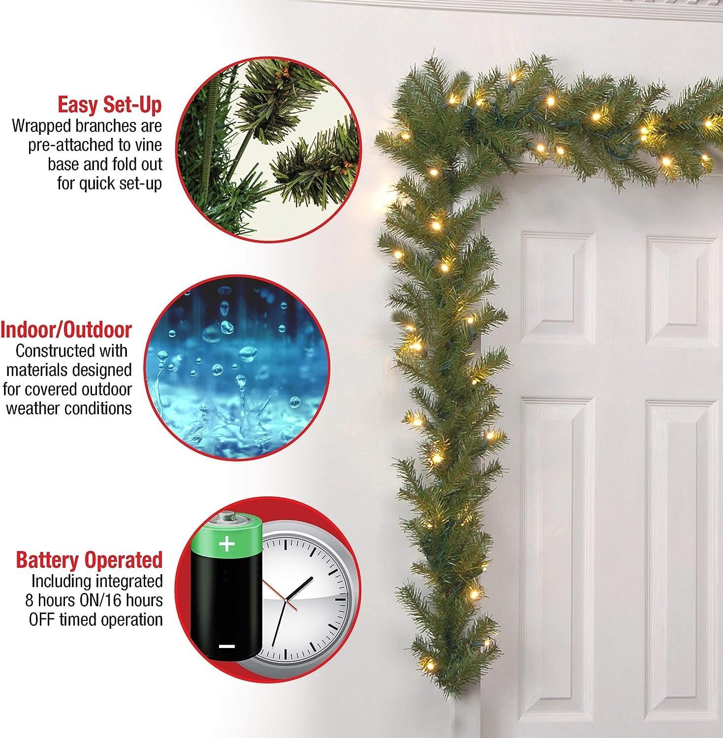 National Tree Company Pre-Lit Artificial Christmas Garland, Green, Norwood Fir, White Lights, Battery Operated, Christmas Collection, 9 Feet - Image 5