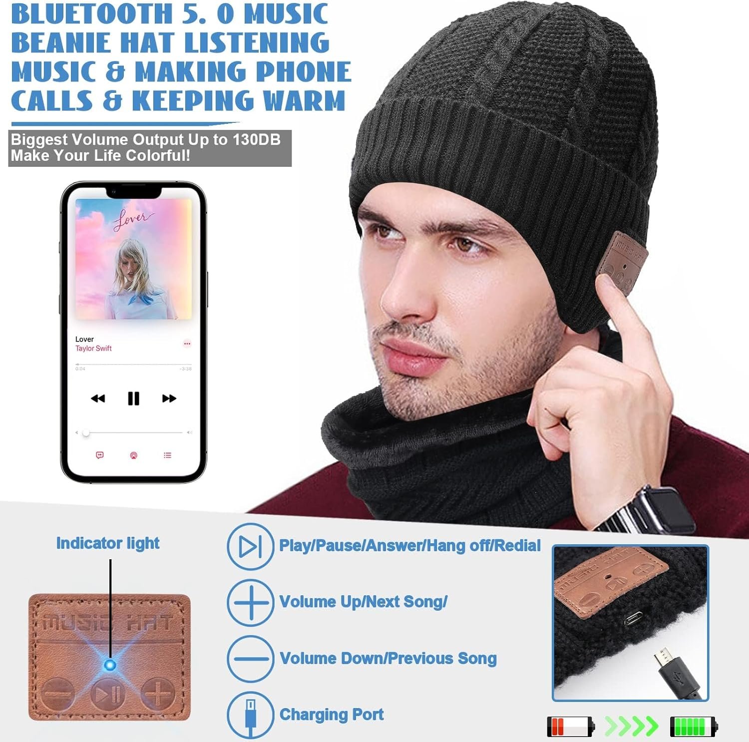Music Beanie Hat Set - Men's Winter Hat w/Speaker Headphones and Scarf Gloves, for Teens Boys Women Gamer - Image 4